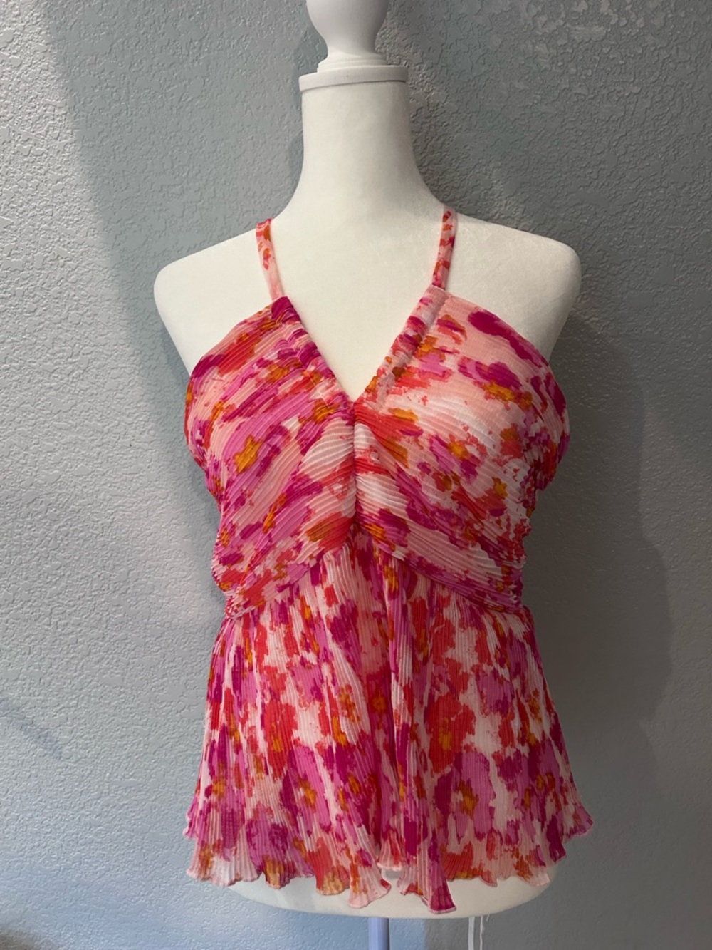 Women's Pink Floral Pleated Halter Blouse
